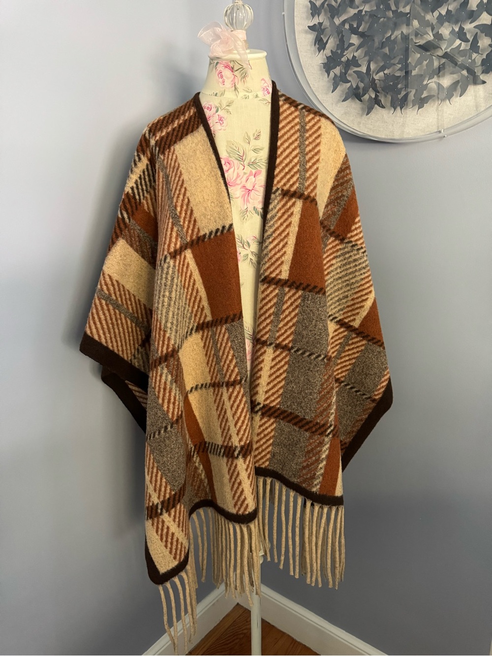 🆕 Rachel Zoe Plaid Fringe Poncho in Brown and Tan